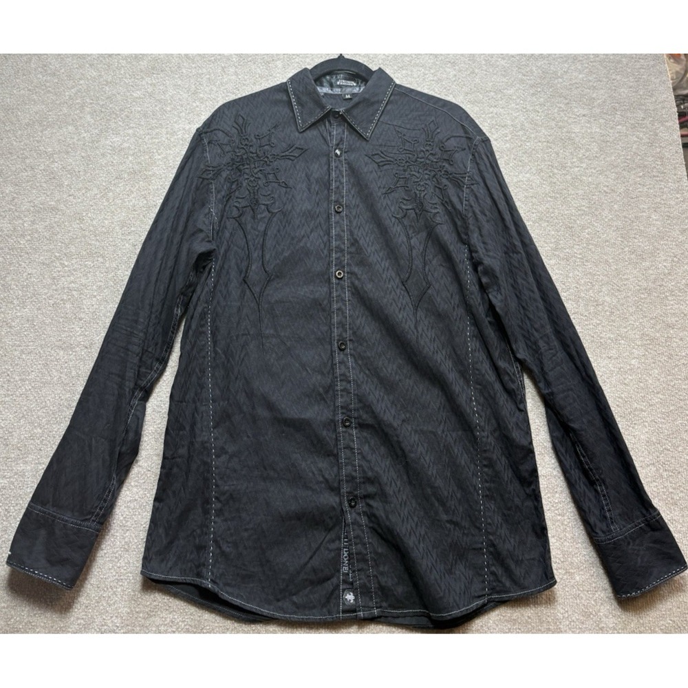 Roar Embroidered Men's Shirt Medium 100% Cotton Black Button Up Long Sleeve GUC